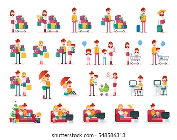 Set of Familiar People Scenes on White Background. Isolated Flat Vector Illustration.