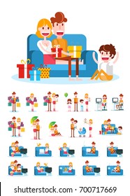 Set of Familiar People Scenes on White Background. Isolated Flat Vector Illustration