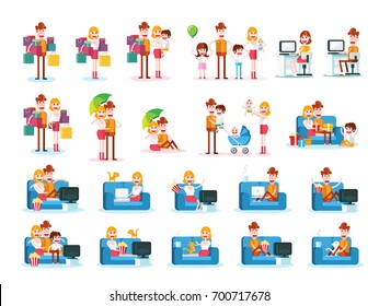 Set of Familiar People Scenes on White Background. Isolated Flat Vector Illustration