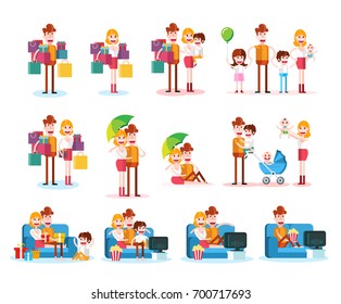 Set of Familiar People Scenes on White Background. Isolated Flat Vector Illustration