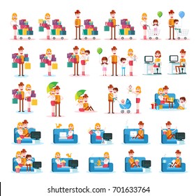 Set of Familiar People Scenes on White Background. Isolated Flat Vector Illustration