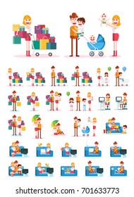 Set of Familiar People Scenes on White Background. Isolated Flat Vector Illustration
