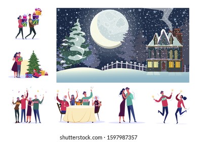 Set of families celebrating Christmas. Flat vector illustrations of people carrying presents, cheering and dancing. Winter holidays concept for banner, website design or landing web page