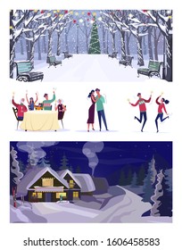 Set of families celebrating Christmas holiday. Flat vector illustrations of people carrying presents, cheering and dancing. Winter holidays concept for banner, website design or landing web page