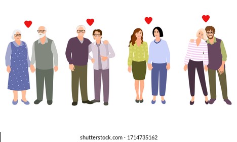 Set Of Families. Collection Different Couples. Happy Homosexual, Senior, Usual Couple. LGBT Male And Female. Same Sex Partners. Vector Cartoon Style Illustration.