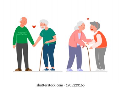 Set Of Families. Collection Different Couples. Happy Homosexual, Senior, Usual Couple. LGBT Male And Female. Same Sex Partners. Vector Cartoon Style Illustration.