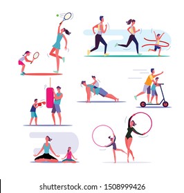 Set of families exercising. Parents and children doing different sports together. Healthy family concept. Vector illustration can be used for presentation, project, webpage