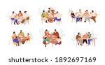 Set of families, friends and colleagues sitting at dining table and eating food together. People meeting at breakfast, lunch or dinner. Colorful flat vector illustration isolated on white background