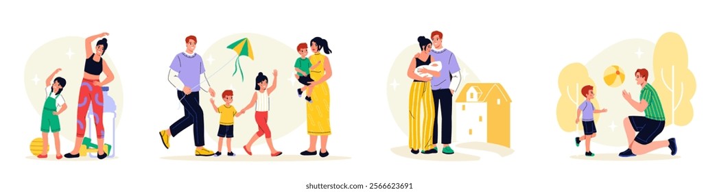 Set of families. Happy men and women with children. Mother, father and daughter with son. Good family relationships. Positivity and optimism. Flat vector collection isolated on white background