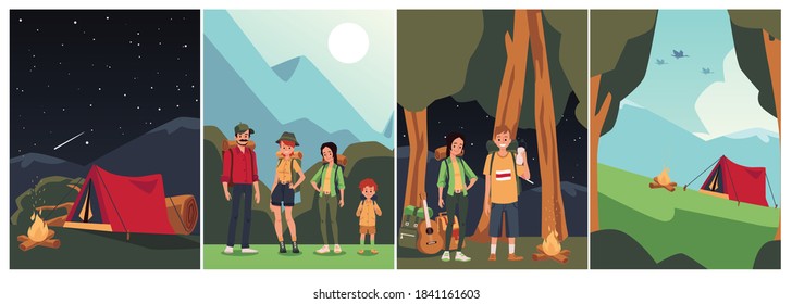 Set of families having picnic together with kids living in tent and getting close to nature. Family campfire hobby and recreation, flat cartoon vector illustration