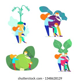 Set of families hugging different vegetables.Healthy lifestyle concept. Vegetarian family. Flat style vector. Vegetable growing concept.