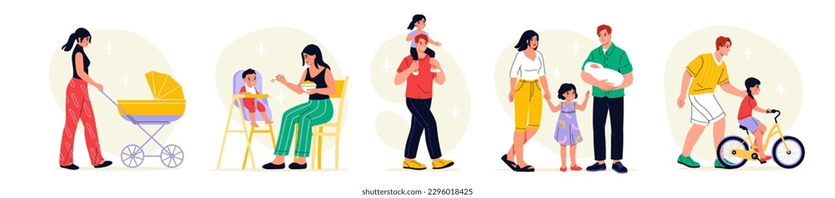 Set of families. Men and women with children and strollers. Collection of parents with kids. Young guys and girls take care of babies. Cartoon flat vector illustrations isolated on white background