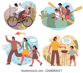 Set of families with outdoor activity. Happy mothers and fathers with children ride bicycle, swim in boat on river, fly kite and barbecue. Cartoon flat vector collection isolated on white background