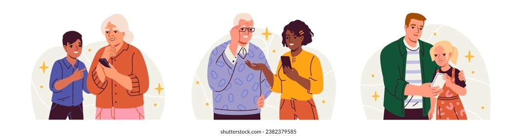 Set of families with smartphones. Boys and girls teaching elderly grandparents how to use modern phones. Old people with digital devices. Cartoon flat vector collection isolated on white background