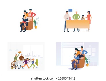 Set of families spending time together at home. Flat vector illustrations of parents and children everyday routine. Relations concept for banner, website design, landing web page