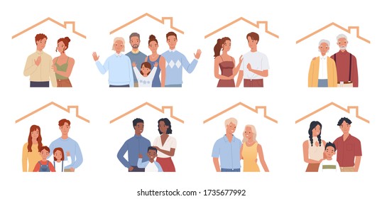 Set of families stay at home. Different families, young and old, with and without children. People at Home Concept Vector illustration in a flat style