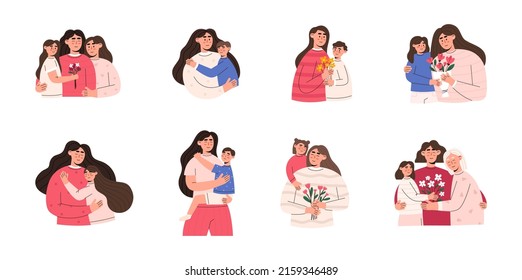 Set of families. A woman hugs daughter, holds son in her arms. Grandmother, mother and daughter are smiling. Family day, mother's day. Flat vector illustration.