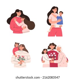 Set of families. A woman hugs daughter, holds son in her arms. Grandmother, mother and daughter are smiling. Family day, mother's day. Flat vector illustration.