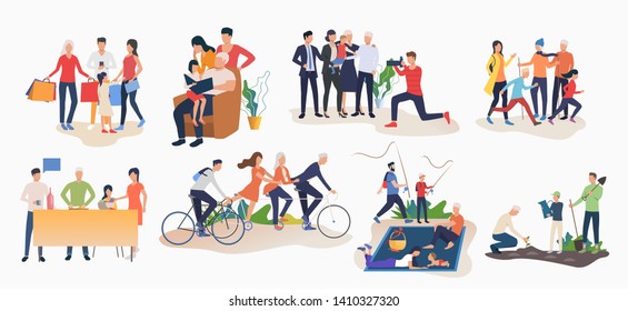 Set of family activities. Children and parents cycling, doing shopping, going fishing, gardening. Leisure concept. Vector illustration can be used for topics like summer, people, hobby