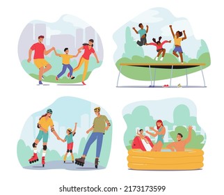 Set Family Activities, Happy Mother, Father And Children Walking In Park, Kids Jumping On Trampoline. Young Parents And Daughter Rollerblading And Swimming In Pool. Cartoon People Vector Illustration