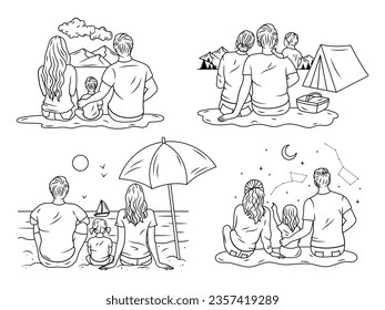 Set of family activity rest. Collection of family spend time on nature together in camping, on the sea, in the mountains. Parents with a child look the cloud. Vector illustration on white background.