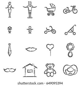 Set of family and its attributes outline vector icons.