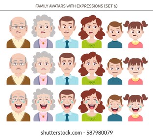 Set of family avatars with facial emotions. Cartoon style characters with different expressions. Vector illustration. Set six of sixteen.