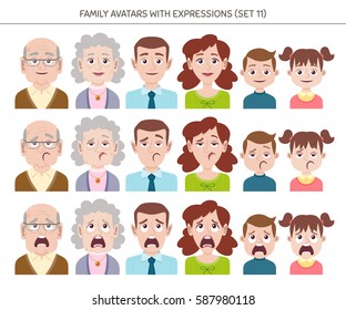 Set of family avatars with facial emotions. Cartoon style characters with different expressions. Vector illustration. Set eleven of sixteen.
