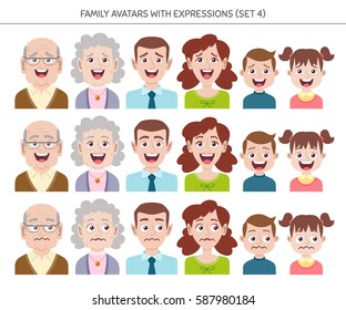 Set of family avatars with facial emotions. Cartoon style characters with different expressions. Vector illustration. Set four of sixteen.