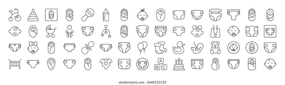 Conjunto de família, bebê, fraldas ícones de linha relacionados. Outline Signs para Gráficos e Web Design, Apps, Anúncios, Vários Cartões 