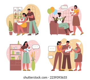 Set of family at baby shower parties. Meeting with newborn baby. Characters celebrating birth of child. Sip and See event. Young parents. Cartoon flat vector collection isolated on white background