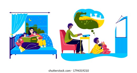 Set Of Family Bedtime Activities With Mom Reading Stories To Kids In Bed And Father Showing Fairy Tales To Son Using Movie Projector. Family Spending Time Together. Flat Vector Illustration