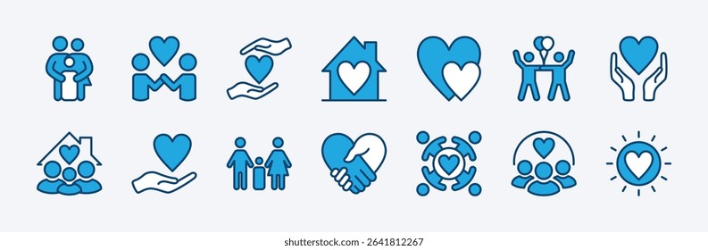 Set of family care and support icon vector. Contains love, household, mother, father, children, friendship, togetherness, happy, handshake, hug, solidarity, human relationships, volunteer illustration
