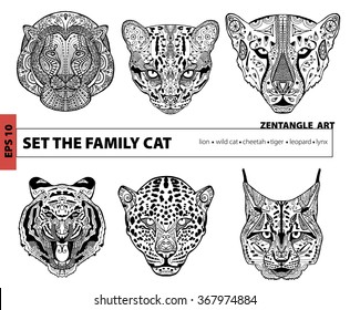 set the family cat, coloring book for adults, zentangle art, pattern, hand drawn illustration, coloring book, coloring pages, coloring outline, line art coloring
