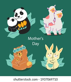 The set of Family characters is about love to moms. The cartoonish animals, mothers and babies are hugging. Collection of vector illustrations for holiday designs 