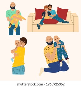 Set with family characters in different poses. Dad, mom and baby. Love for children. Vector illustration in flat style