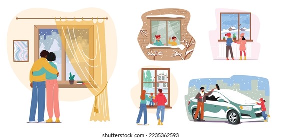 Set Family Characters Enjoying First Snow. Hugging Couple and Children Stand at Window Looking on Falling Snowflakes, Father with Daughter Cleaning Car. Cartoon People Vector Illustration