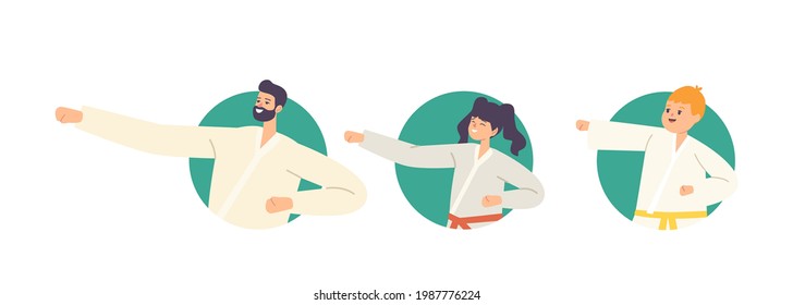 Set of Family Characters Training Martial Arts. Father and Children Wearing Kimono with Colorful Belts Stand in Fighting Posture with Hitting Arms. Sports Activity. Cartoon People Vector Illustration