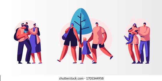 Set of Family Characters Weekend Leisure and Spare Time. Mother, Father and Little Children Walking at City Street. Father, Mother and Kids Outdoor Activity in Park. Cartoon Vector People Illustration