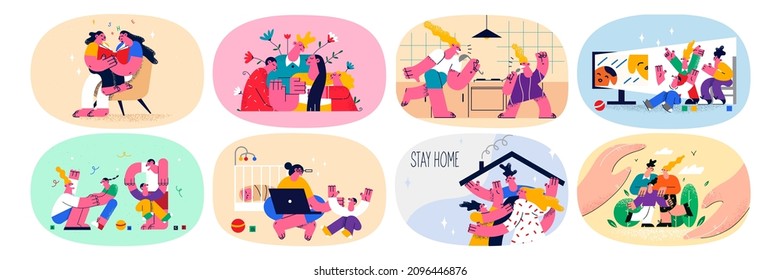 Set of family with children relax at home on covid-19 quarantine pandemic. Collection of parents with kids rest play stay home on corona virus lockdown. Healthcare. Flat vector illustration. 