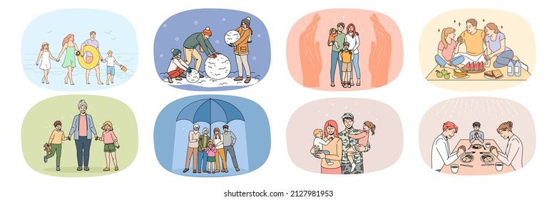 Set of family with children show love and unity in relationships. Collection of caring parents with small kids relax and play together, enjoy weekend and vacation. Bonding. Vector illustration. 