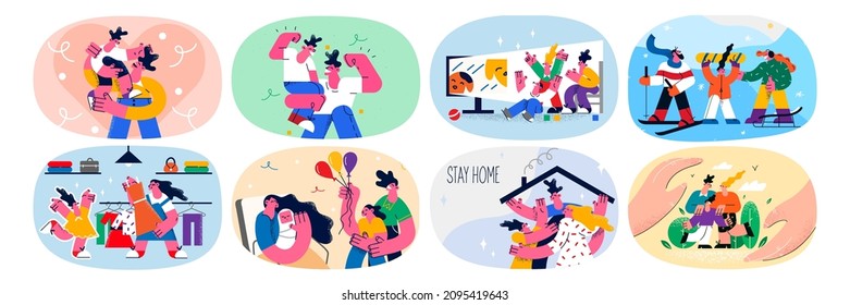 Set of family with children spend lockdown at home on covid-19 pandemic. Collection of parents with kids relax rest on corona virus quarantine epidemic. Healthcare, corona. Vector illustration. 