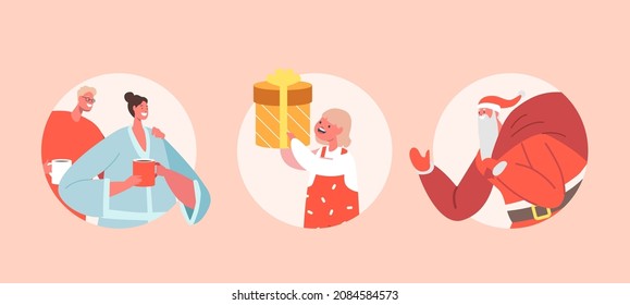 Set Family Christmas Celebration. Mother and Father at Home Clothes Drink Tea, Baby Hold Gift Box, Santa Claus with Big Bag of Presents. Isolated Happy Characters. Cartoon People Vector Illustration