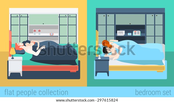 Set Family Couple Bedroom Bed Sleeping Stock Vektorgrafik