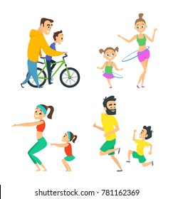 Set of family couples in fitness activities. Parents playing in active games with their children. Family fitness sport exercise for healthy life. Vector illustration