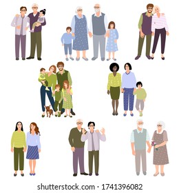 Set Of Family Couples. People With Kids. Collection People Different Races. Happy Homosexual Couples. LGBT Male And Female. Same Sex Partners. Senior Couple. Vector Cartoon Style Illustration.