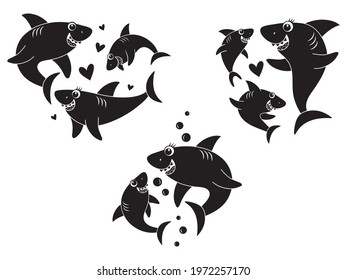 Set of family of cute sharks. Collection of shark silhouettes with baby sharks. Ocean inhabitants. Festive design for t-shirts. Vector illustration on a white background.