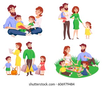 Set of family during walk, picnic in meadow, reading, after shopping retro cartoon style isolated vector illustration