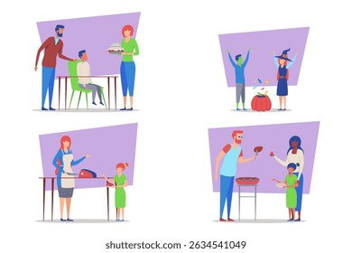Set of family enjoying various activities, including cake celebration, Halloween fun, and cooking together. Love and togetherness concept