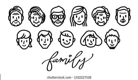 Set of family face icons. Line vector. 